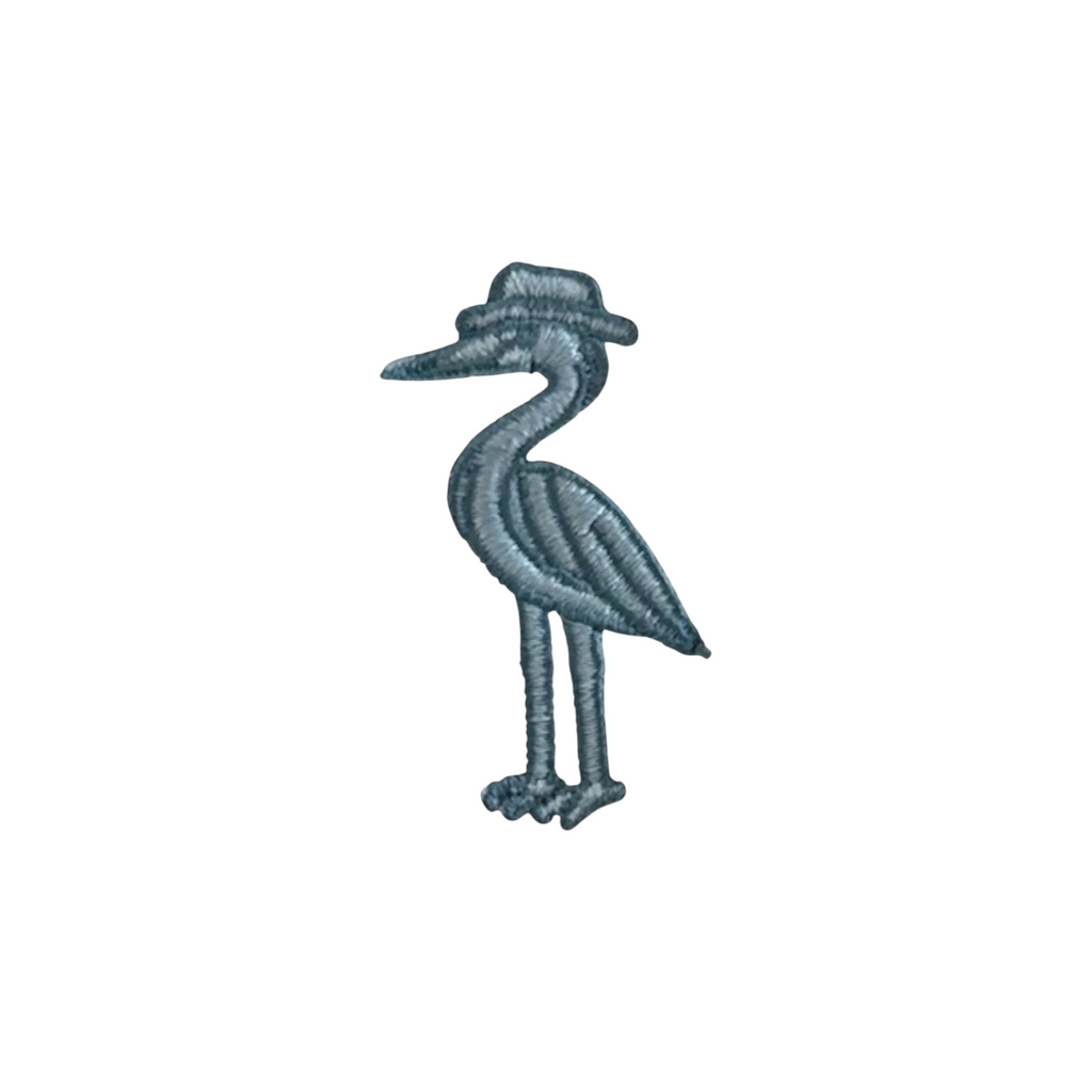 2 POPS Golf coastal heron embroidery patch in shades of blue and grey for performance golf hats