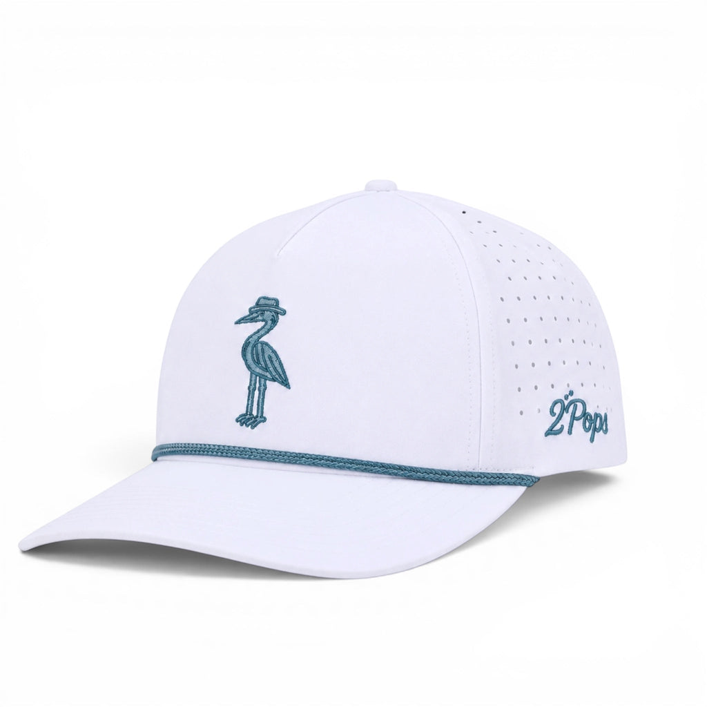 2 POPS Golf The Heron coastal blue five-panel performance golf hat with laser-cut ventilation and rope detail