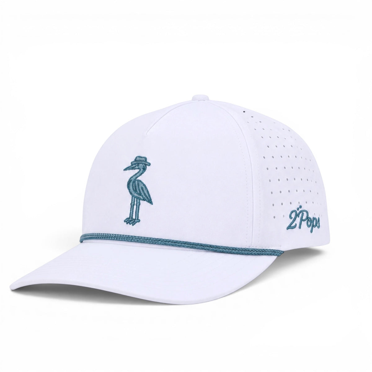 2 POPS Golf The Heron coastal blue five-panel performance golf hat with laser-cut ventilation and rope detail