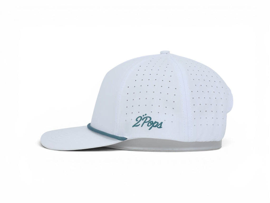 2 POPS Golf The Heron coastal blue five-panel performance hat with laser-cut ventilation and side logo embroidery