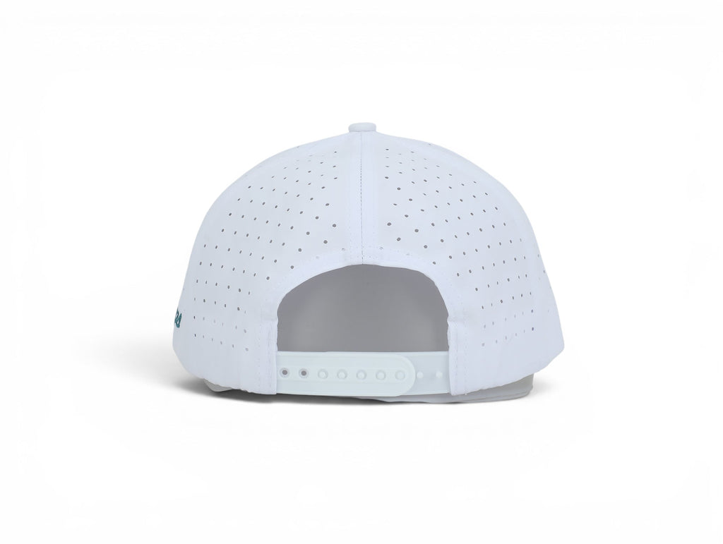 2 POPS Golf The Heron coastal blue performance hat featuring a white five-panel design with laser-cut ventilation