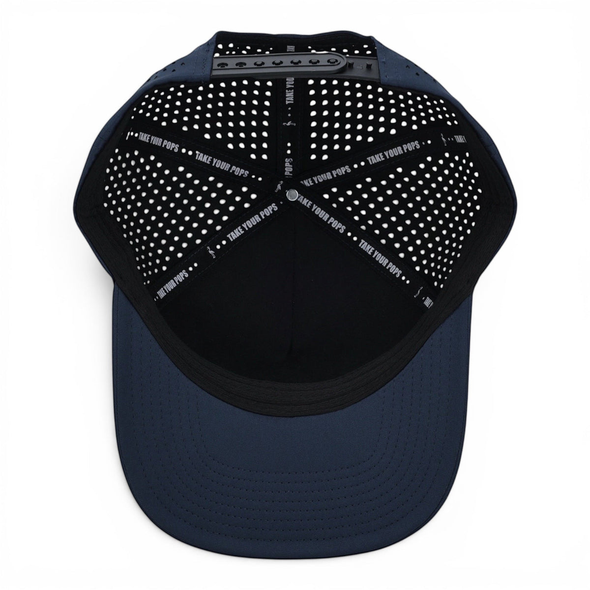 Interior view of a 2 POPS Golf navy performance cap showing laser-cut ventilation and custom branded interior taping.
