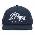 2 POPS Golf The Script midnight navy five-panel golf hat with white 3D embroidered logo and laser-cut ventilation.