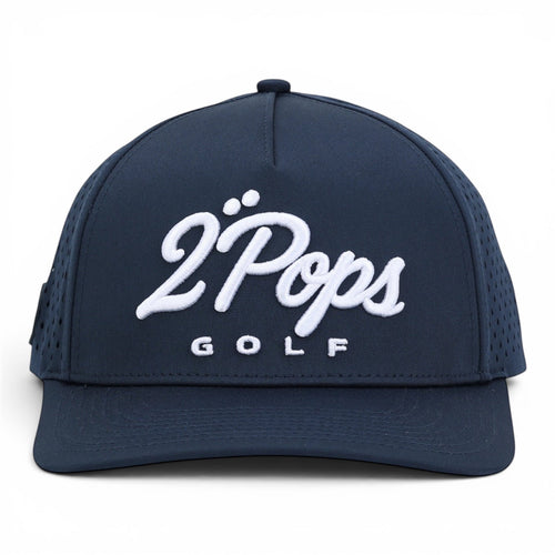 2 POPS Golf The Script midnight navy five-panel golf hat with white 3D embroidered logo and laser-cut ventilation.
