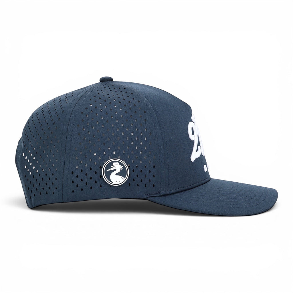 2 POPS Golf The Script midnight navy five-panel golf hat with laser-cut ventilation and white 3D embroidered logo