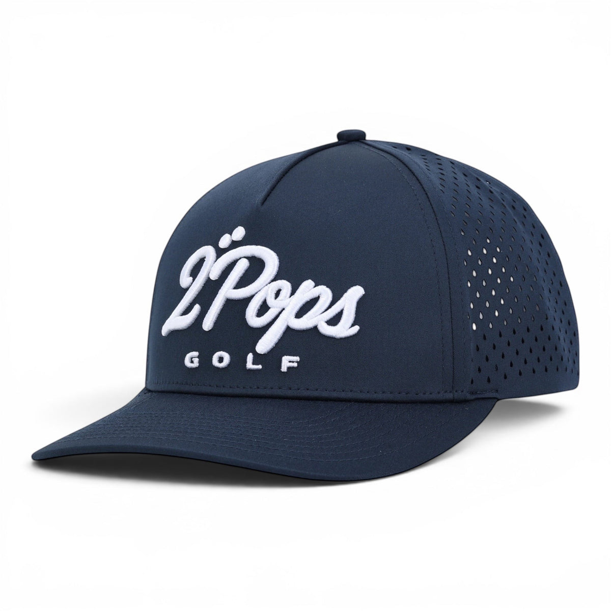 2 POPS Golf The Script midnight navy five-panel golf hat with white 3D embroidery and laser-cut ventilation panels