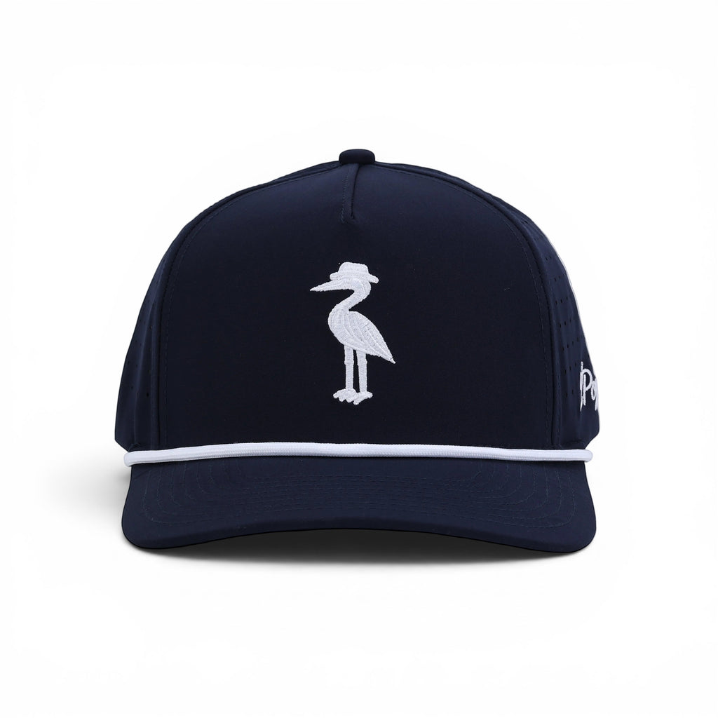 2 POPS Golf Heron rope hat in navy with white embroidery and structured five-panel performance fabric design