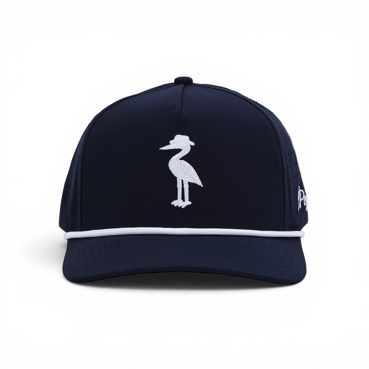 2 POPS Golf Heron rope hat in navy with white embroidery and structured five-panel performance fabric design