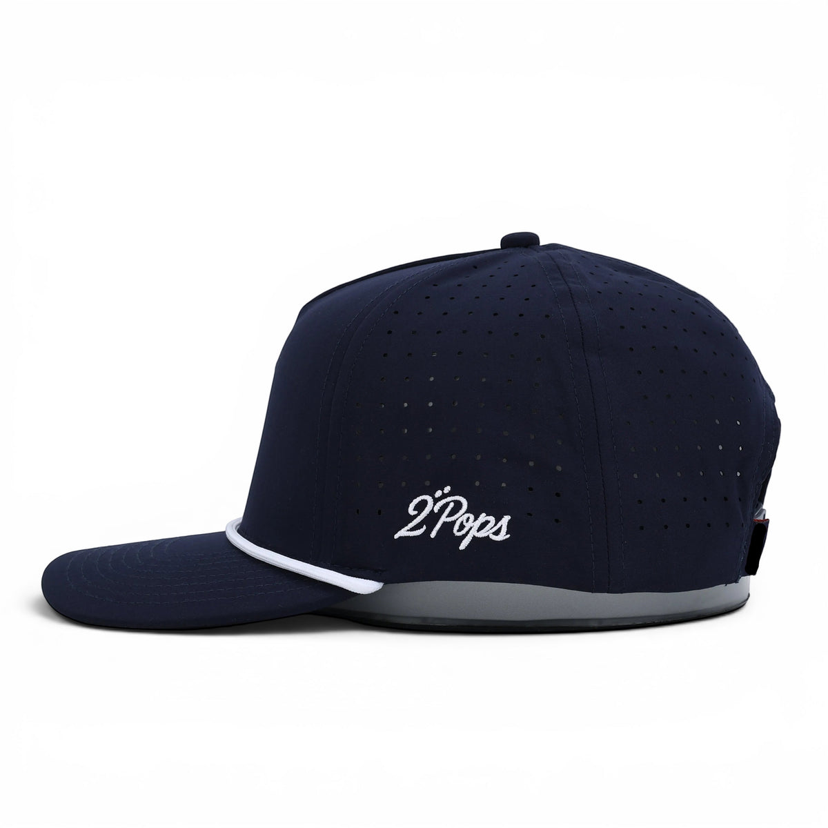 2 POPS Golf Heron rope hat in navy with white accents, featuring laser-cut ventilation and a structured fit.