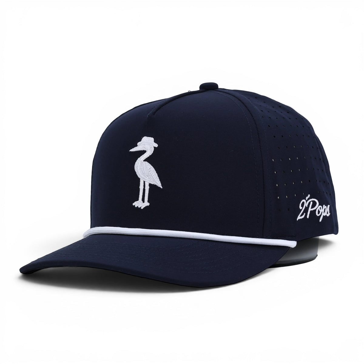 2 POPS Golf navy performance rope hat with white heron logo embroidery and laser-cut ventilation panels