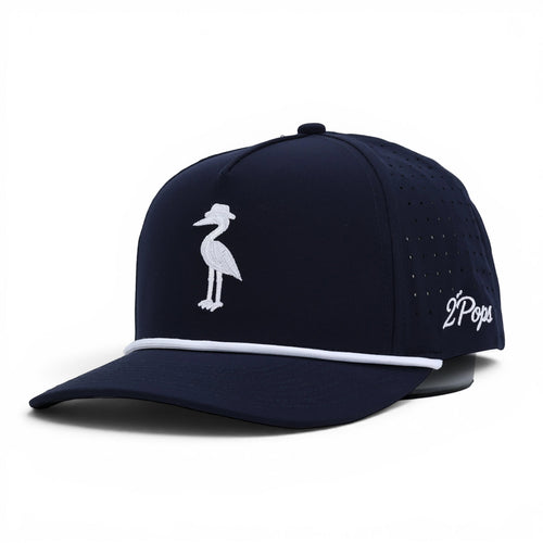 2 POPS Golf navy performance rope hat with white heron logo embroidery and laser-cut ventilation panels