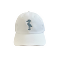 2 POPS Golf white performance hat with a small fit, unstructured design, and a blue heron embroidery on the front.