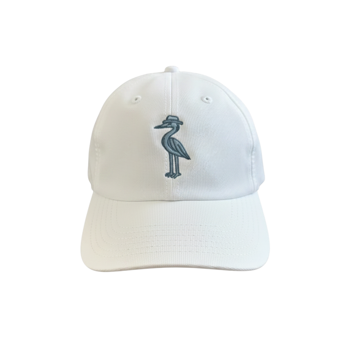 2 POPS Golf white performance hat with a small fit, unstructured design, and a blue heron embroidery on the front.