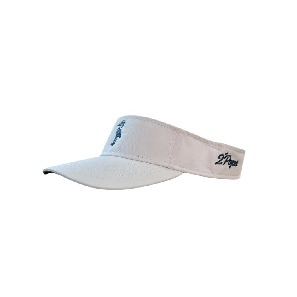 2 POPS Golf white performance visor with small fit, curved brim, and embroidered logo for golf.